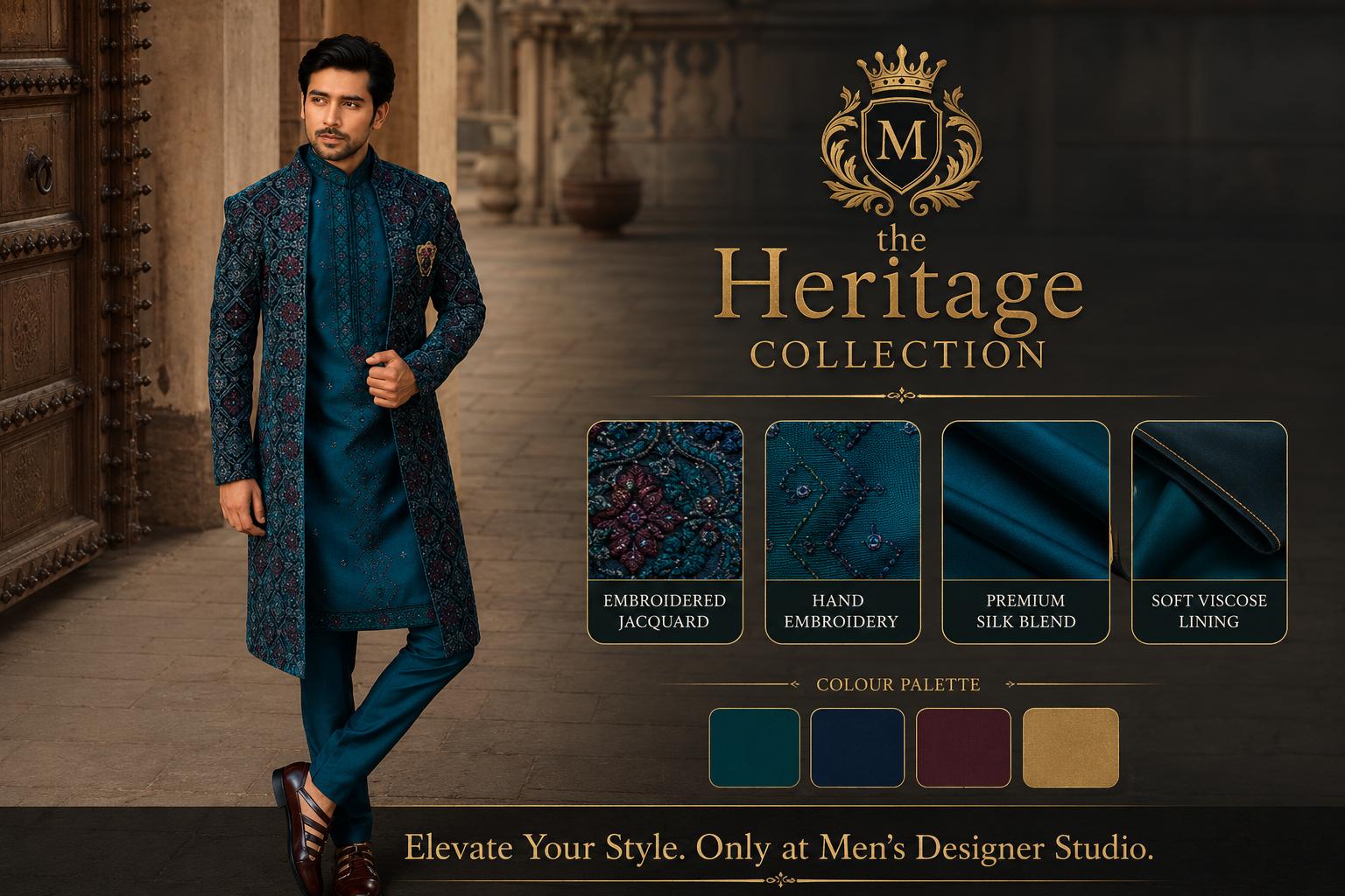 Embroidered Teal Jacquard Sherwani